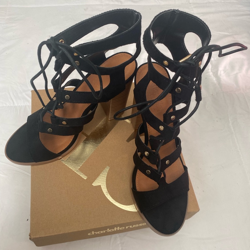 Black Suede Gladiator Block Heel - Picture 1 of 4